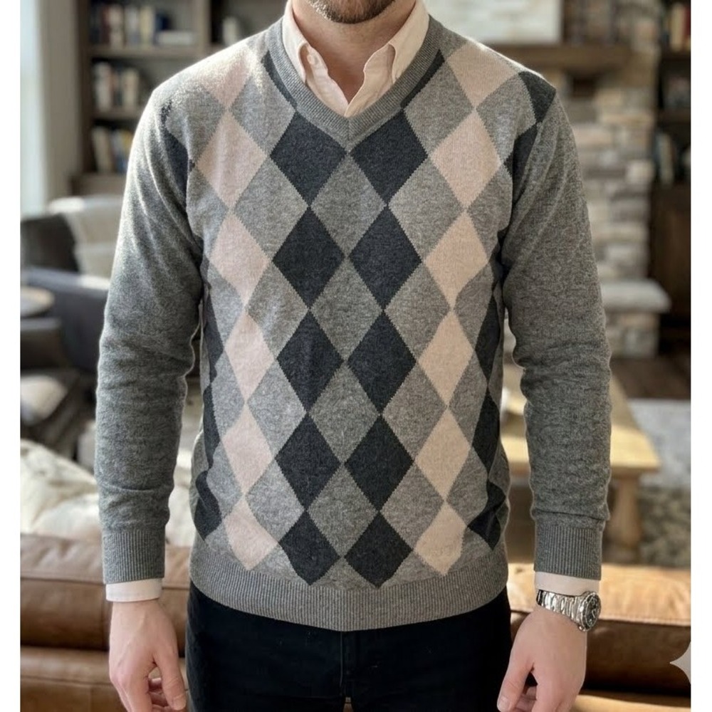 VTG Preppy Banana Republic Argyle Sweater Silk/Cashmere Gray/Black/Pink Men's XL